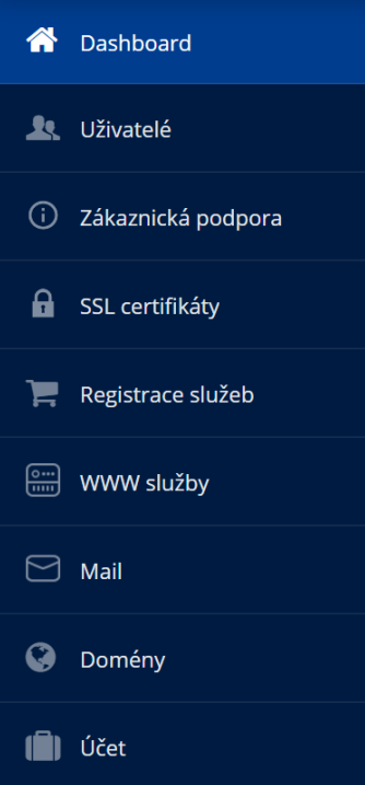 Základní funkce dostupné v menu v zákaznickém panelu ionos.cz
